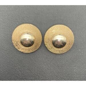 Vintage Gold Tone West Germany Stunning Metal Round Saucer Clip On Earrings